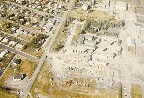 An aerial view of Frank Grisdale Hall under construction